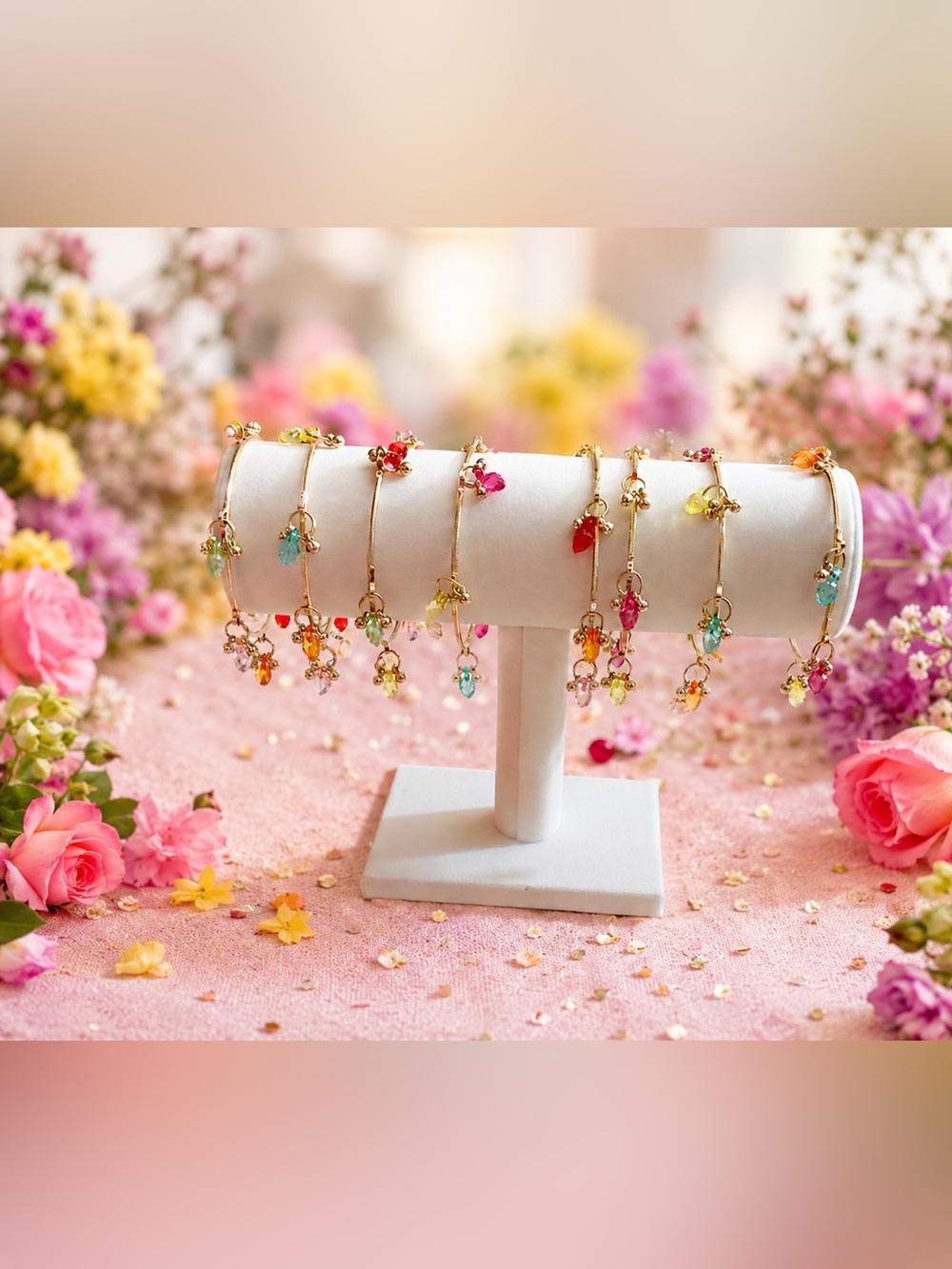Gold-Tone Multi-Color Flower Charm Bracelet